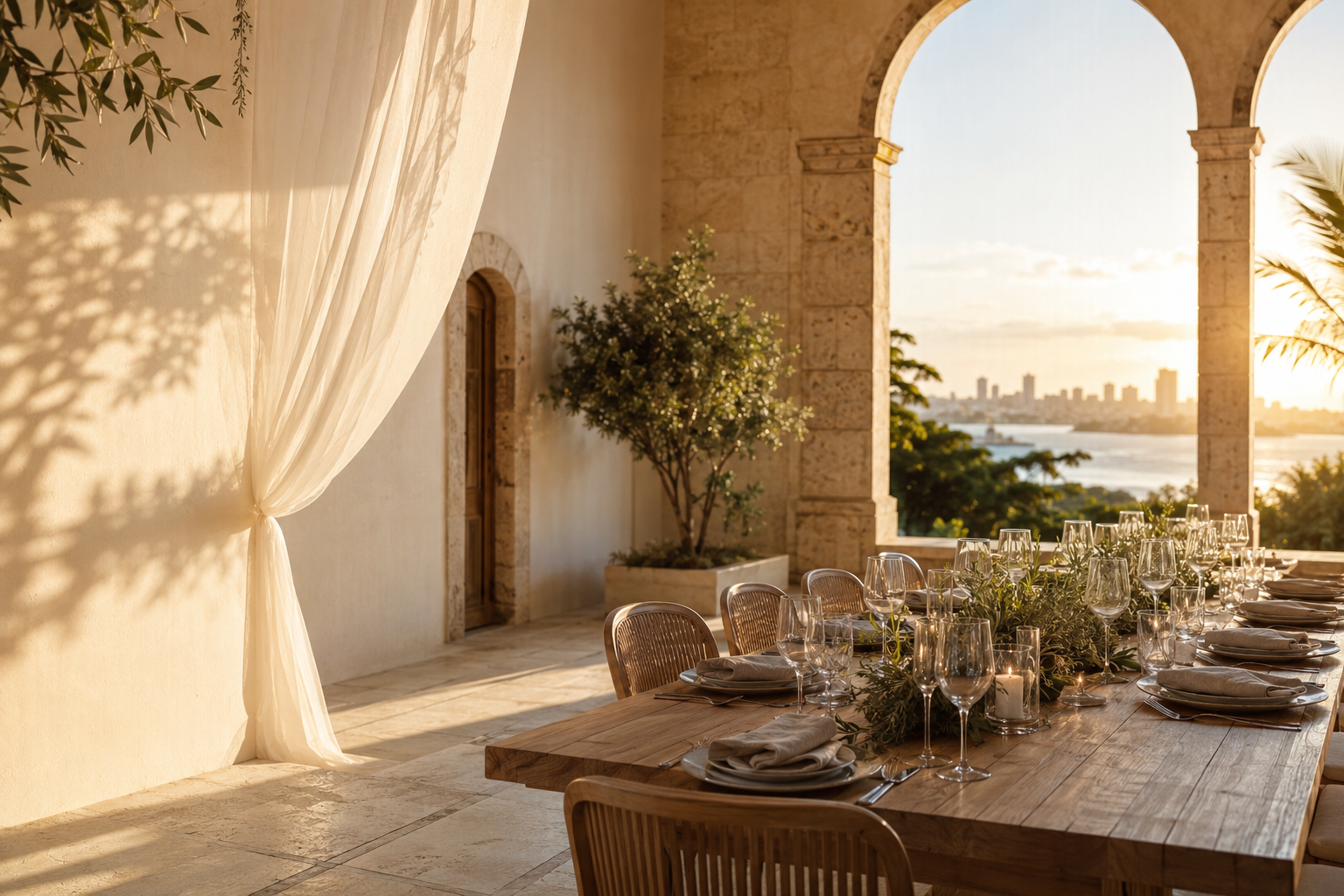 Recepção elegante ao pôr do sol, com mesa posta e arquitetura em arcos